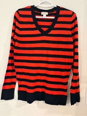 LOFT Orange and Navy  Striped V-Neck Sweater